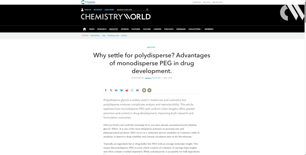 Polypure monodisperse PEG enhance drug development