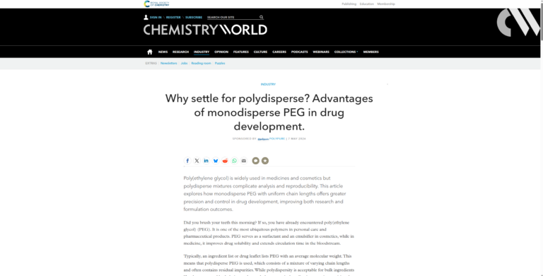 Polypure monodisperse PEG enhance drug development
